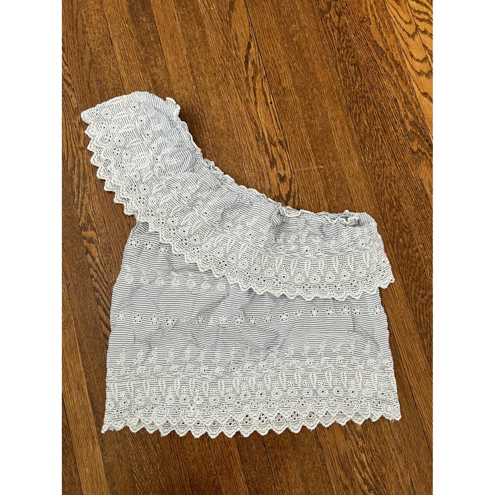 American Eagle One Shoulder Eyelet Ruffle Striped Top Blue White Small